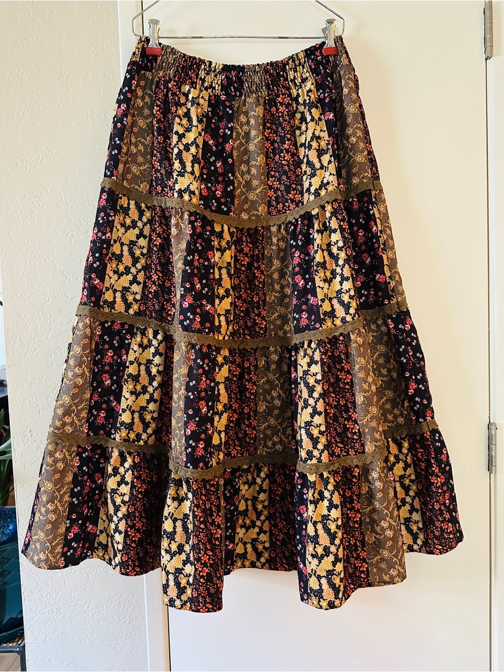 Sweet Generis Maxi Skirt —Size Large -Tiered Floral Patchwork